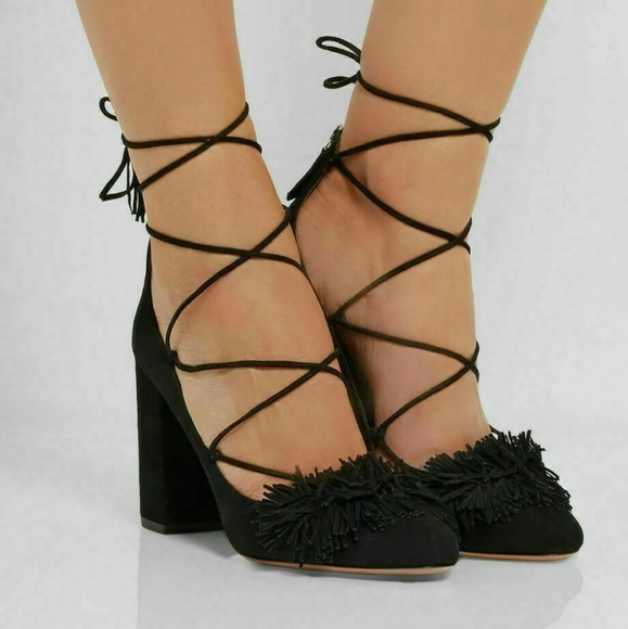Aquazzura Shoes - Aquazzura Black Suede Tassel Accents Pumps